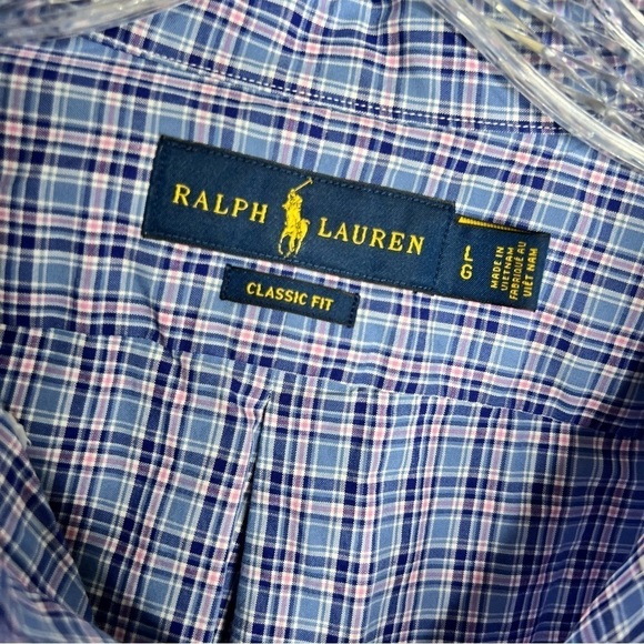 Polo Ralph Lauren Shirt Mens Large Plaid Blue Pink Button Up Long Sleeve G - Picture 2 of 7